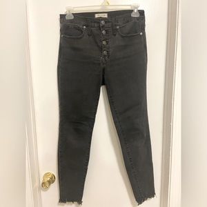 EUC Madewell skinny jeans, faded black wash, raw hem and button front, size 30